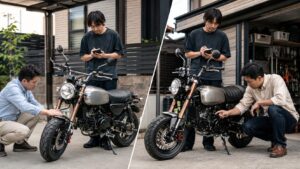 日本人男性がバイク買取の査定額や契約条件を対面で確認している様子