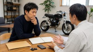バイク売却前に日本人男性が純正部品と車体を一緒に確認している様子