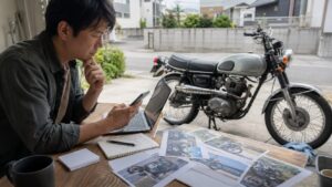 同車種の公開情報を見ながらバイク売却相場を確認する日本人男性