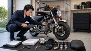 日本人査定担当者がバイク本体と純正部品や書類を確認している様子