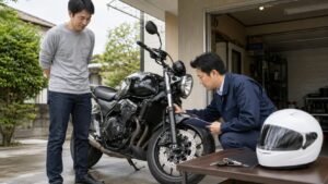 バイク一括査定で複数業者からの電話と査定日程を管理する日本人男性
