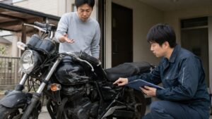 事故車や故障車の再利用できるバイクパーツを現状査定する様子