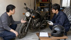 事故車バイクの傷や損傷状態を日本人査定担当者が確認する様子