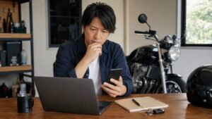 バイク買取の口コミや査定情報を調べる日本人男性