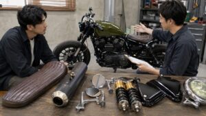 カスタムバイクと純正部品や社外パーツを査定する日本人男性