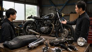 カスタムバイクと純正部品を一緒に査定する日本人男性