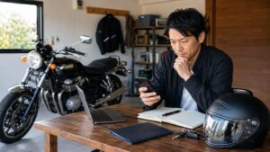 カスタムバイクと純正部品や社外パーツを現状査定する様子
