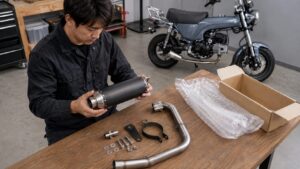 DAX125タイ製マフラーの個人輸入と国内購入を比較する様子