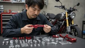 DAX125用CNCパーツの傷や加工精度、付属品を検品する様子