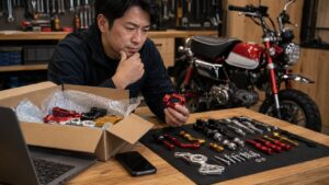 モンキー125用CNCパーツの取付寸法をノギスで確認する様子