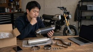 モンキー125用タイ製マフラーの個人輸入と国内購入を比較する様子