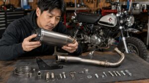 モンキー125用タイ製マフラーと付属品を装着前に検品する様子
