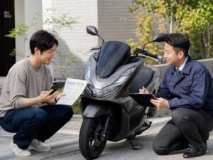 PCX160の実車査定でバイクオーナーと査定スタッフが査定額や売却条件を確認する様子