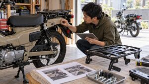 CT125リアキャリアの取付部とボルト・ステーなど付属品を確認する様子