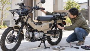 CT125キャリア取付後にボルトの緩みや干渉を再点検する様子