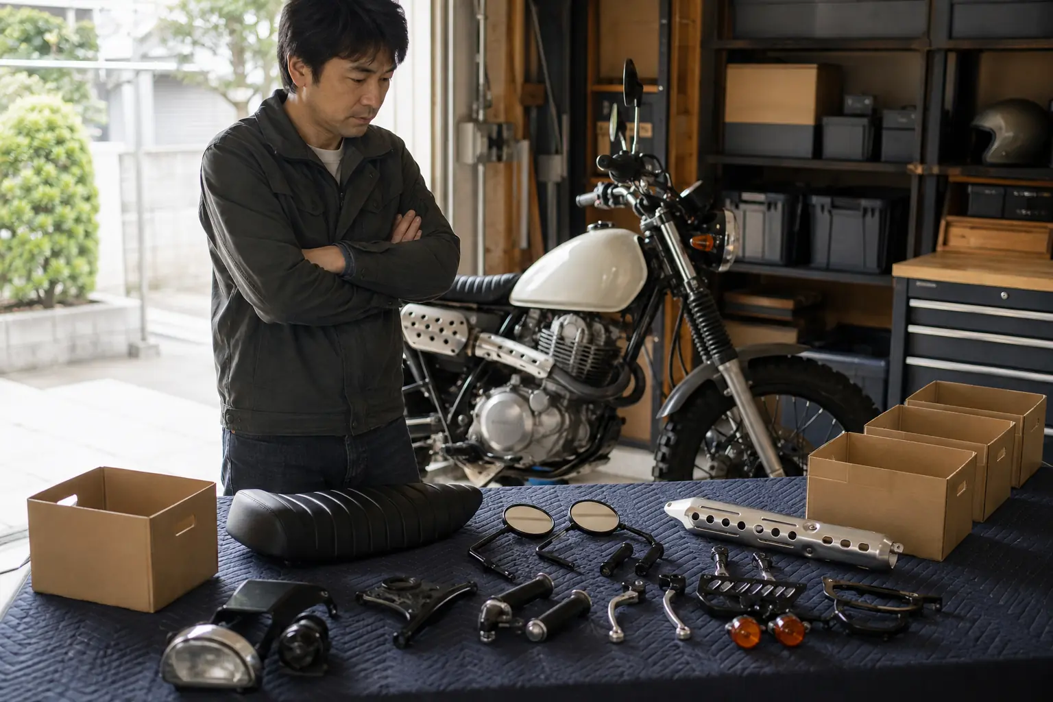 カスタムバイクと取り外した純正部品や社外パーツを比較する様子