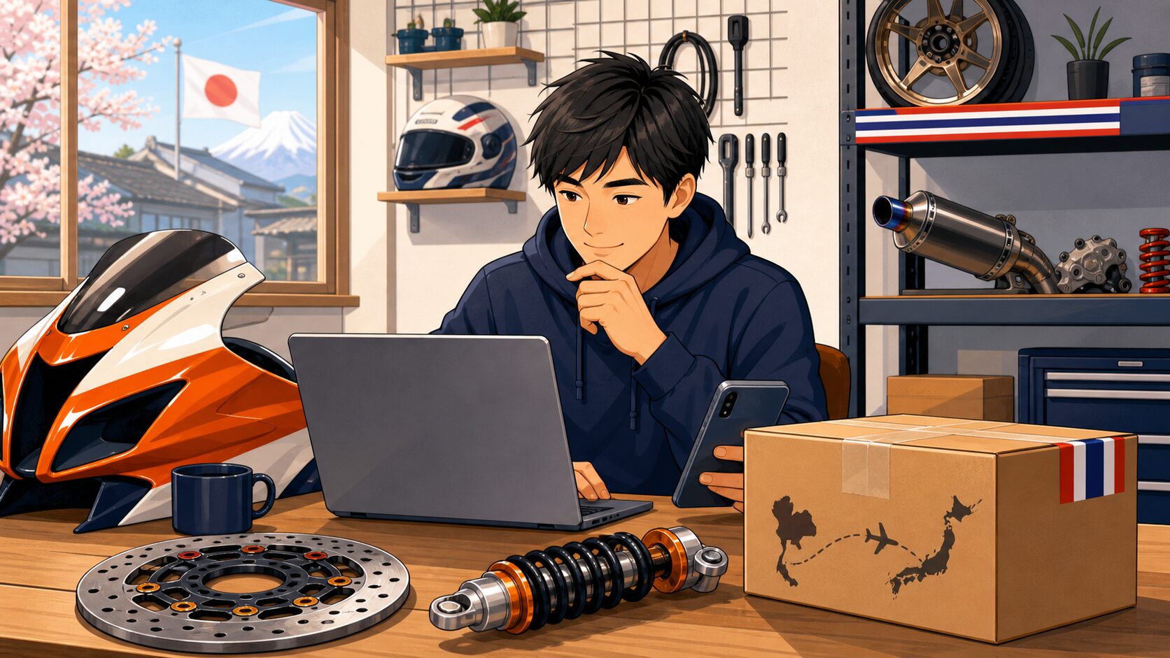 日本からShopeeタイの商品を比較するモータースポーツ愛好家とタイから届く部品のイラスト