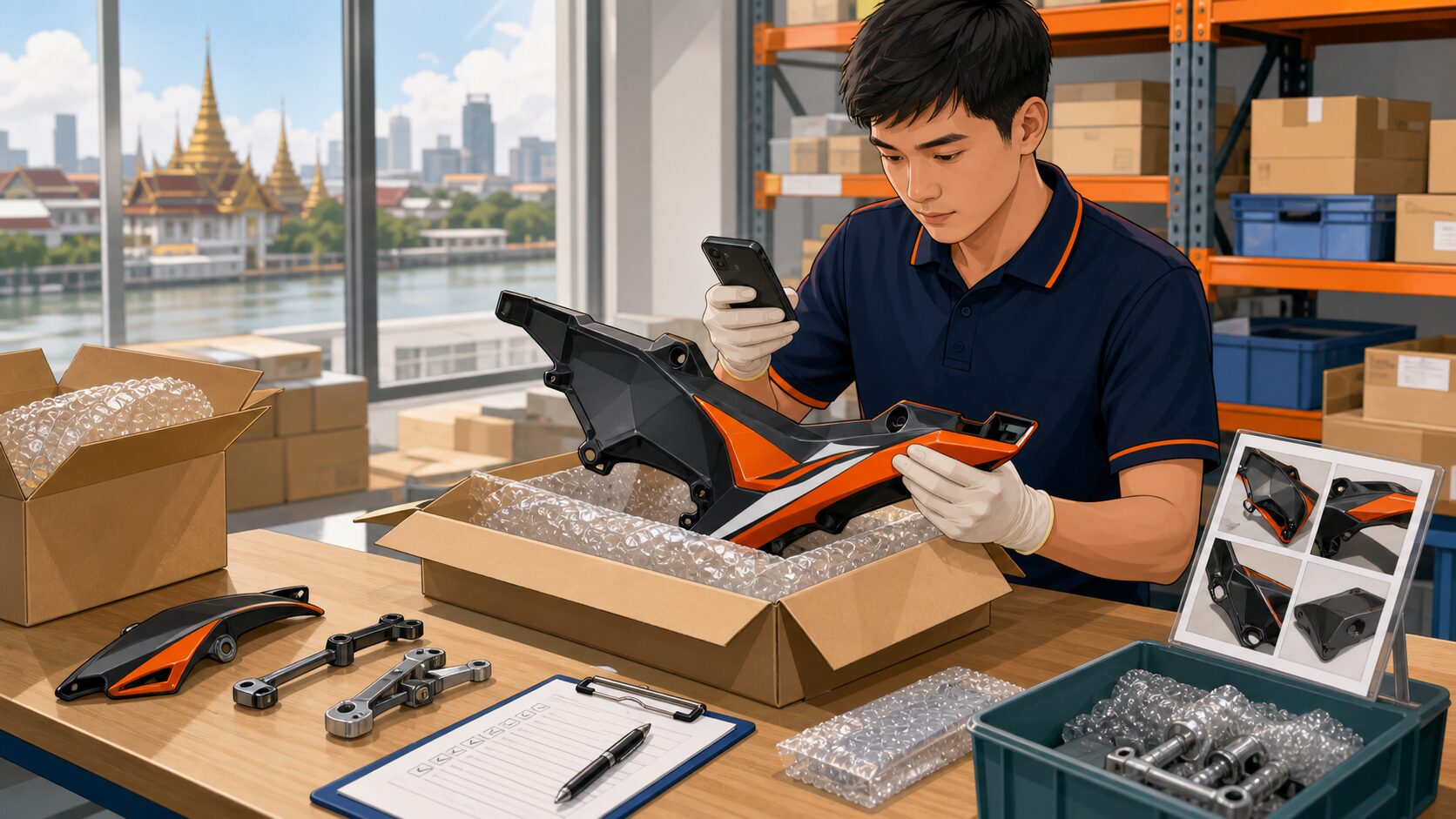 タイの倉庫でオートバイ外装部品の色や形状、取付穴、数量を開封検品する作業員のイラスト