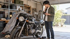車検切れバイクをガレージで確認し買取査定を検討する男性