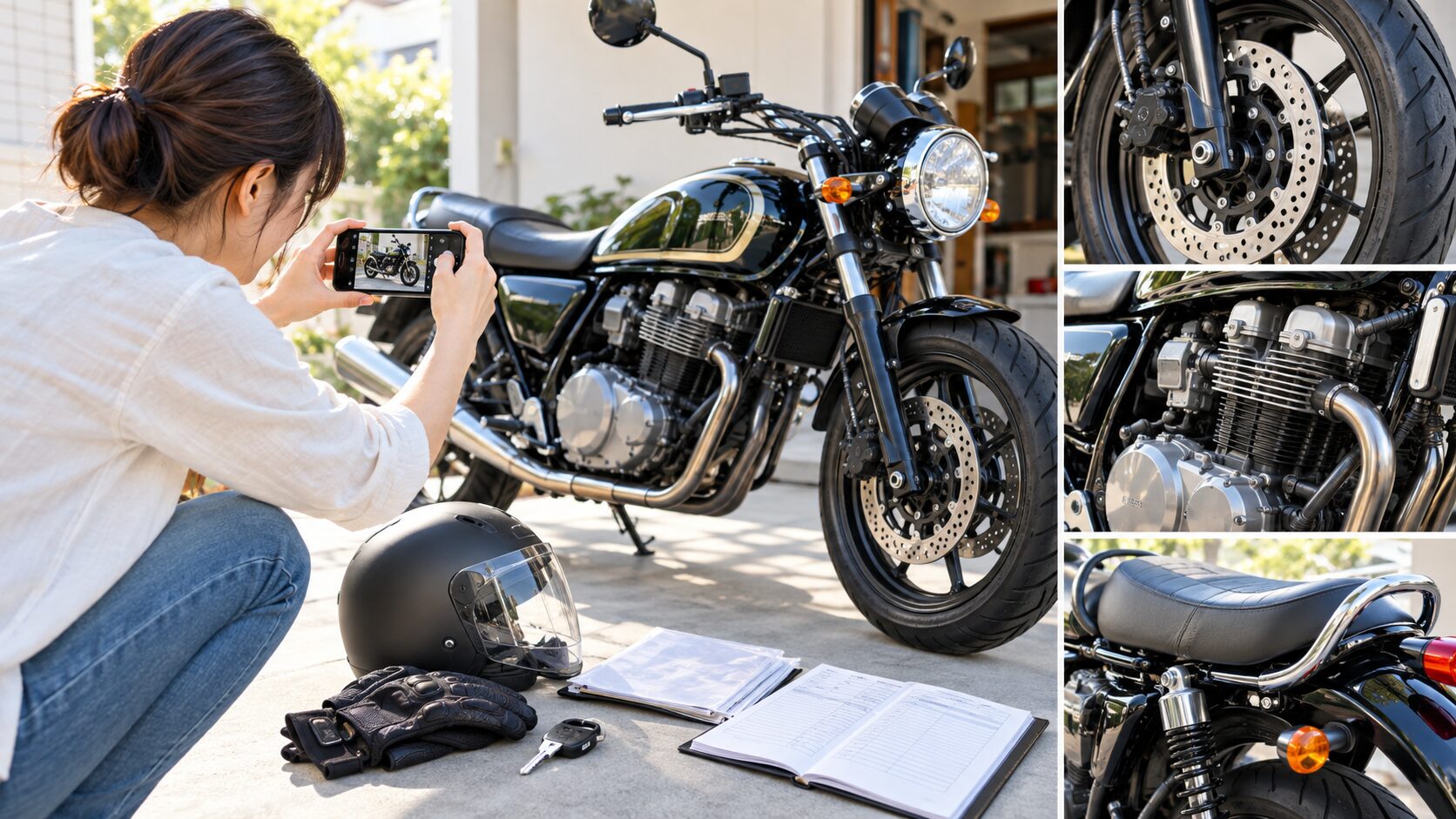 バイク買取査定前に車体や各部の状態をスマートフォンで撮影する様子