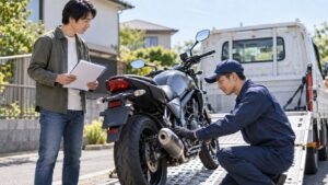 バイク買取の引取時に所有者とスタッフが車両と書類を確認する様子